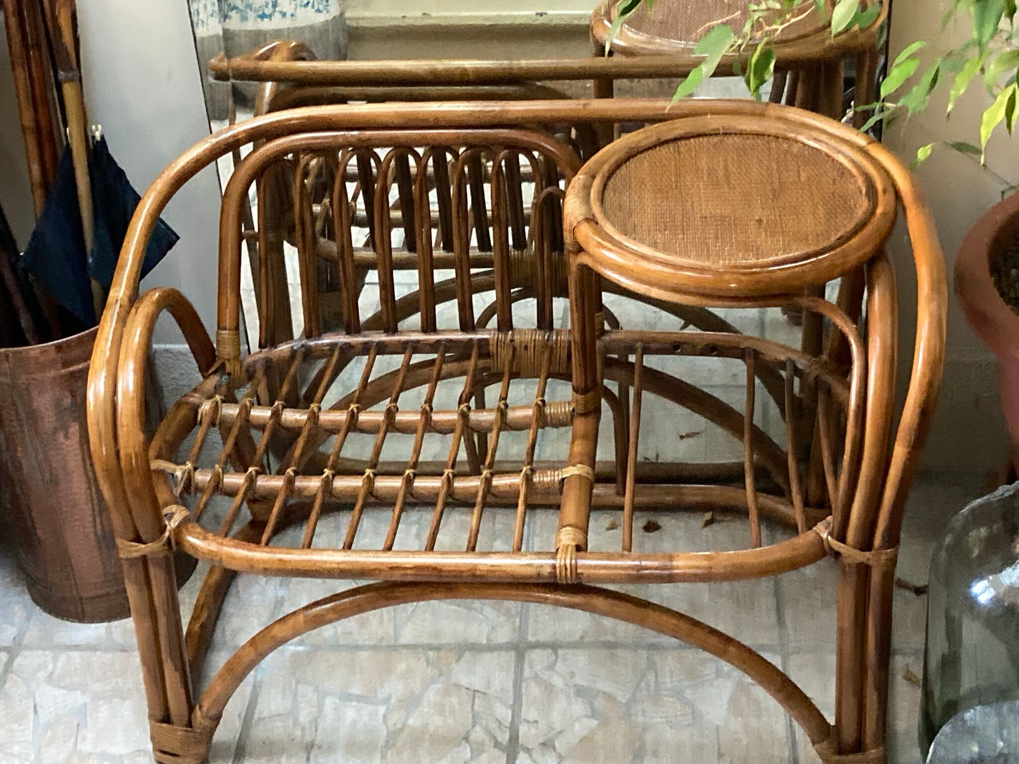 Vintage Scandinavian rattan bench tablet 1960s