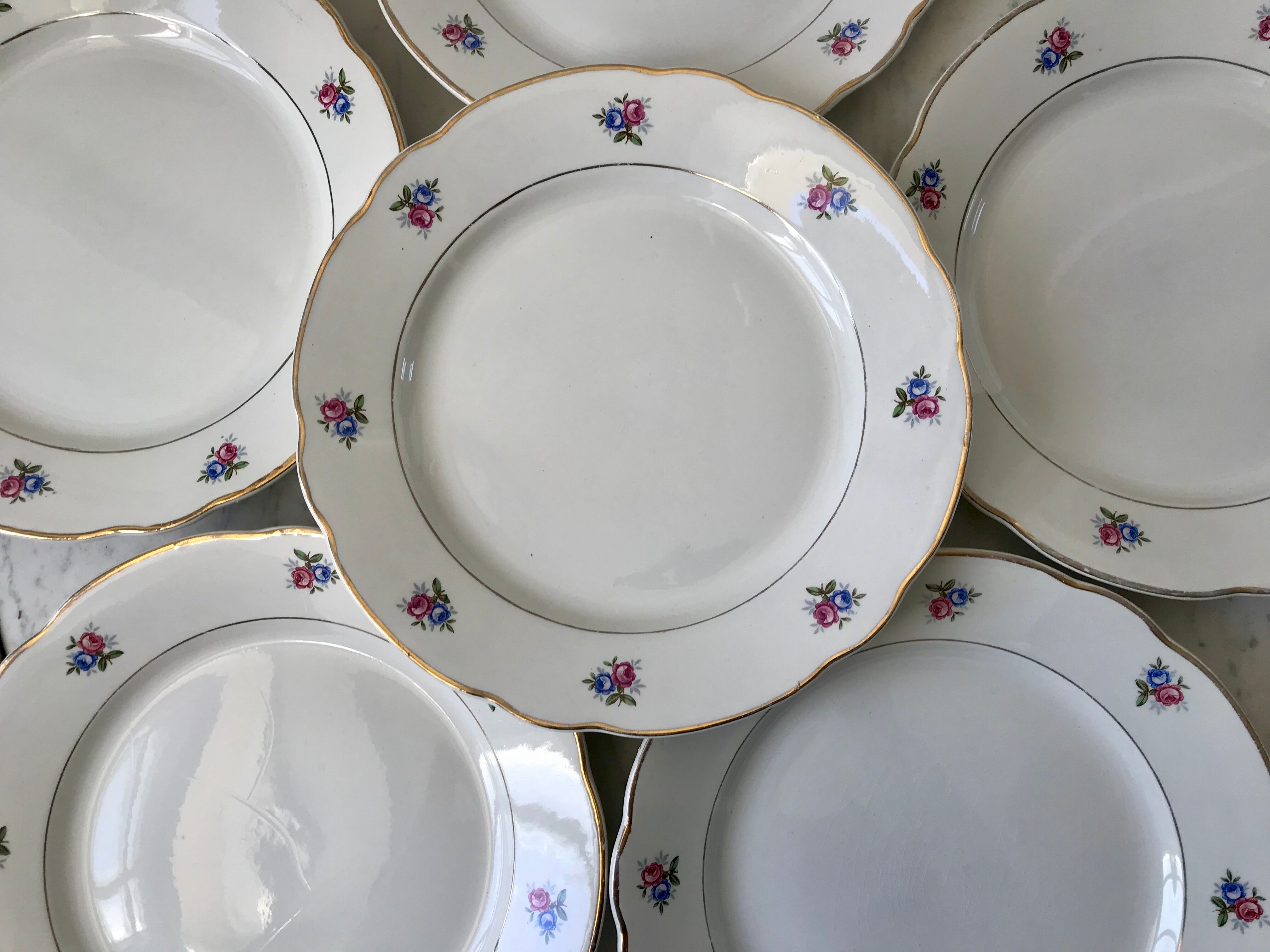 set of 6 flat plates Digoin Sarreguemines small flowers 50s