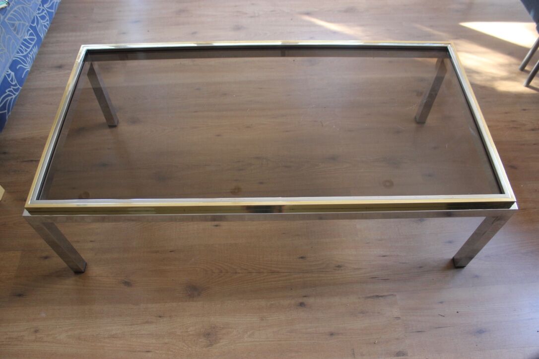 Table basse vintage en verre, laiton et chrome années 70