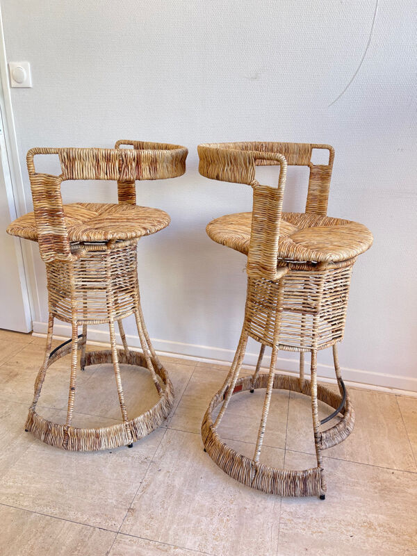 Paire Tabouret haut rotin – création Roger Coster, 1970