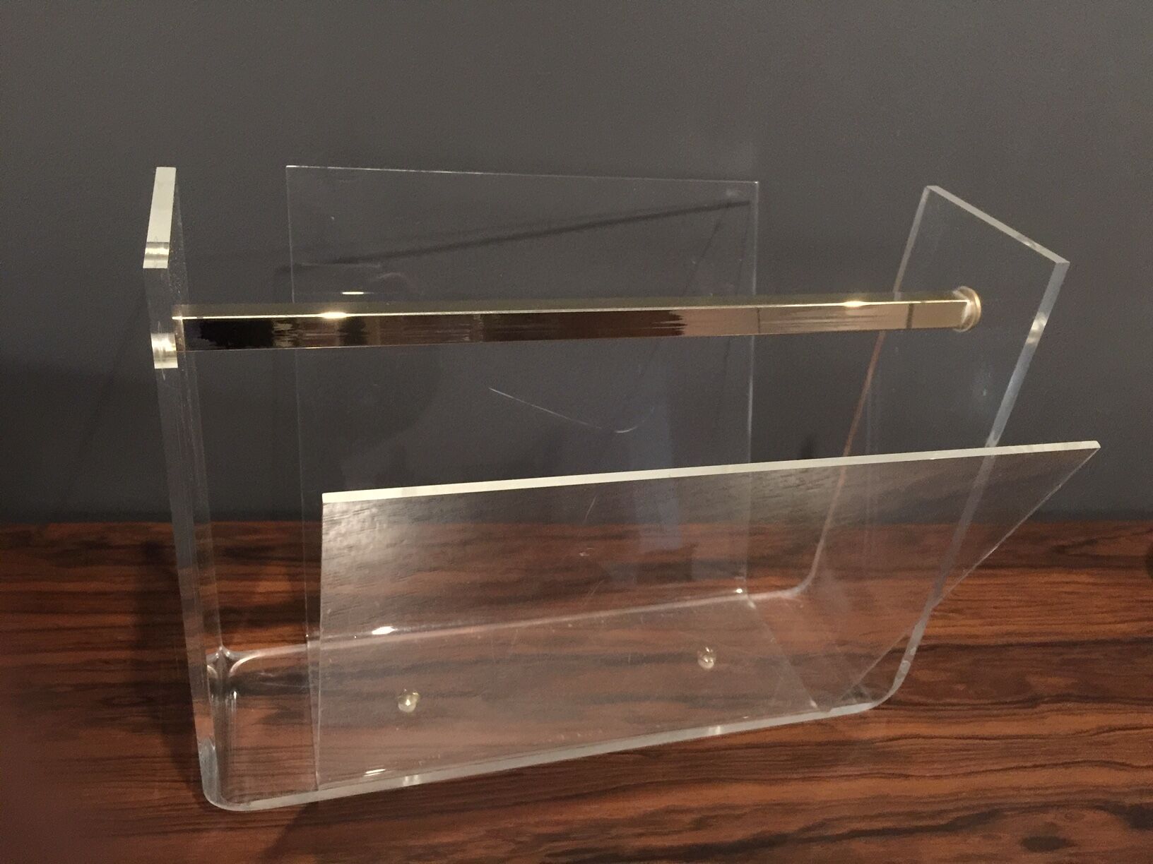 Magazine rack perspex and brass 1970s