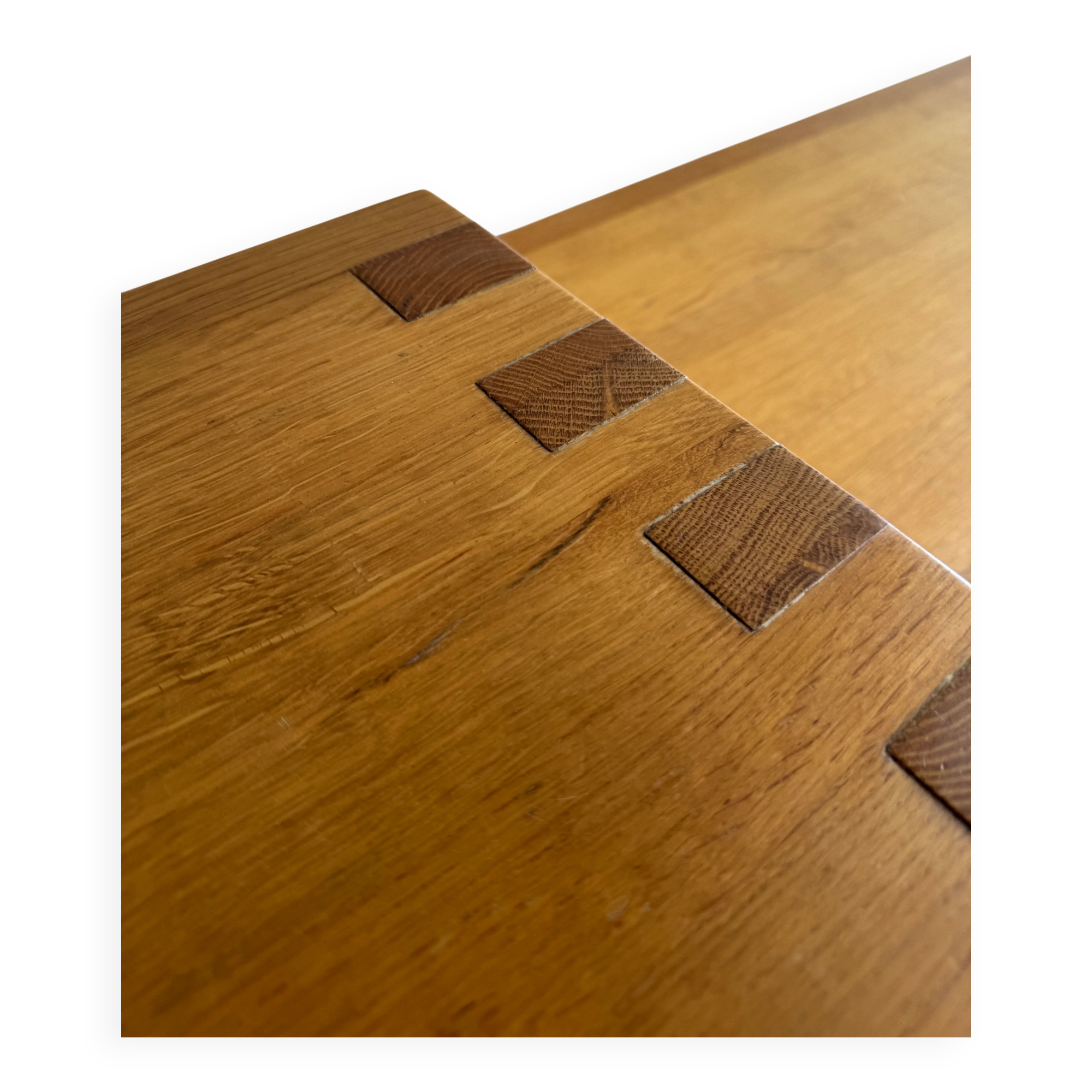 Geometric Brutalist Dining Table — Natural Wood Top with Metal Support, 1980s Architectural Design