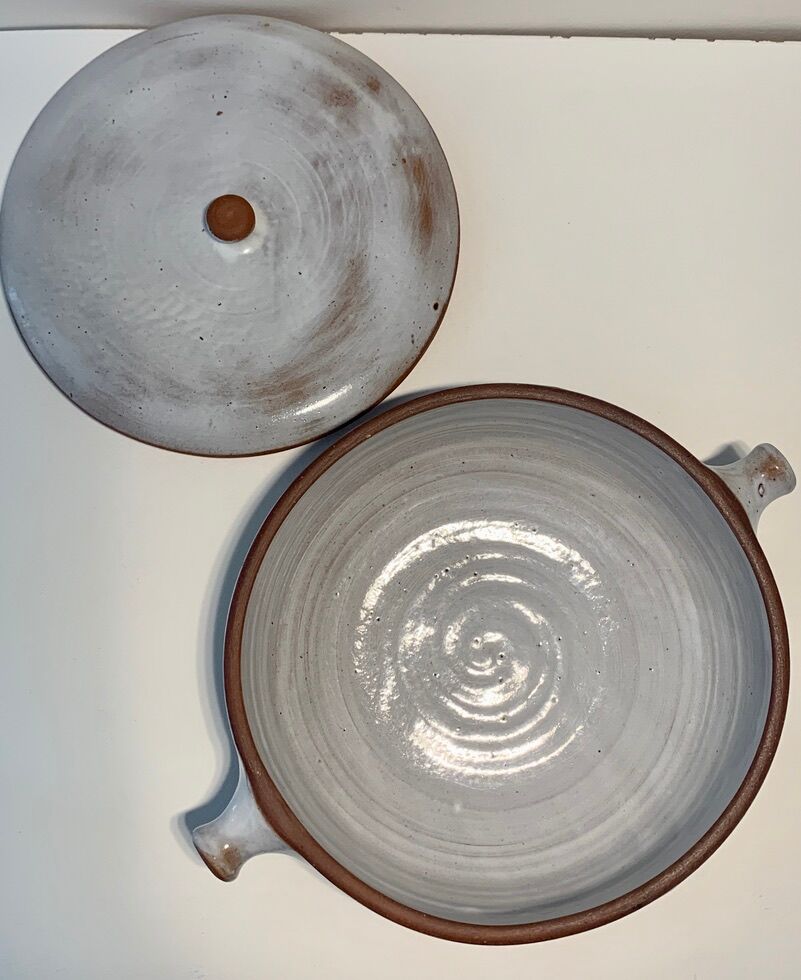 LARGE COVERED DISH SANDSTONE BY PUISAYE JEANNE AND NORBERT PIERLOT 1960
