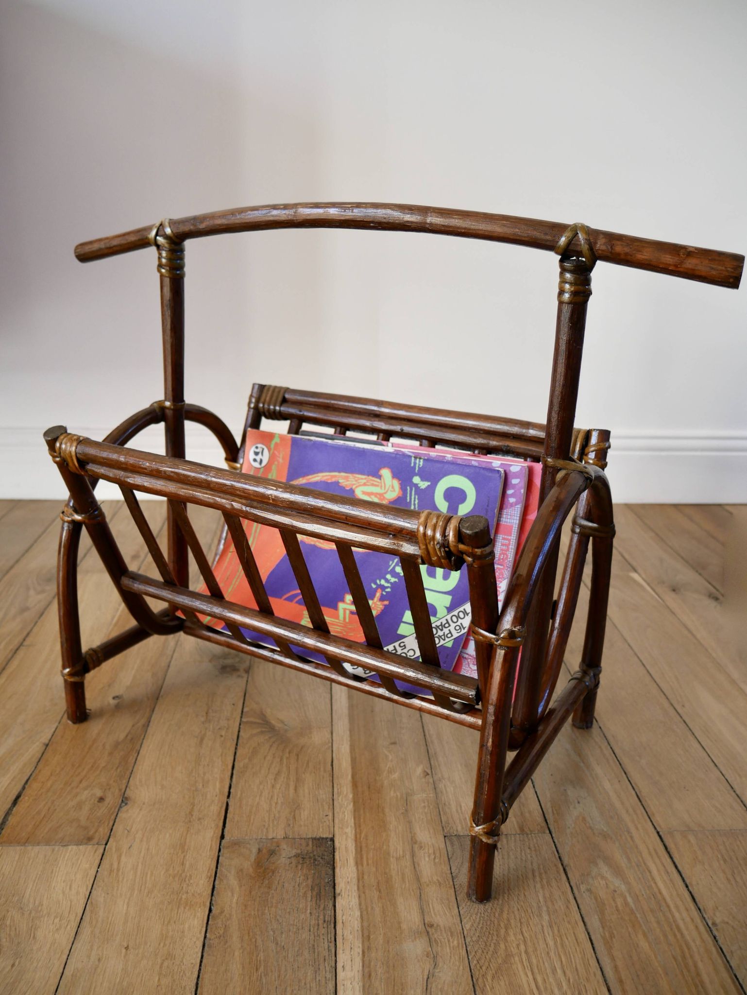 Bamboo and rattan magazine rack from the 70s