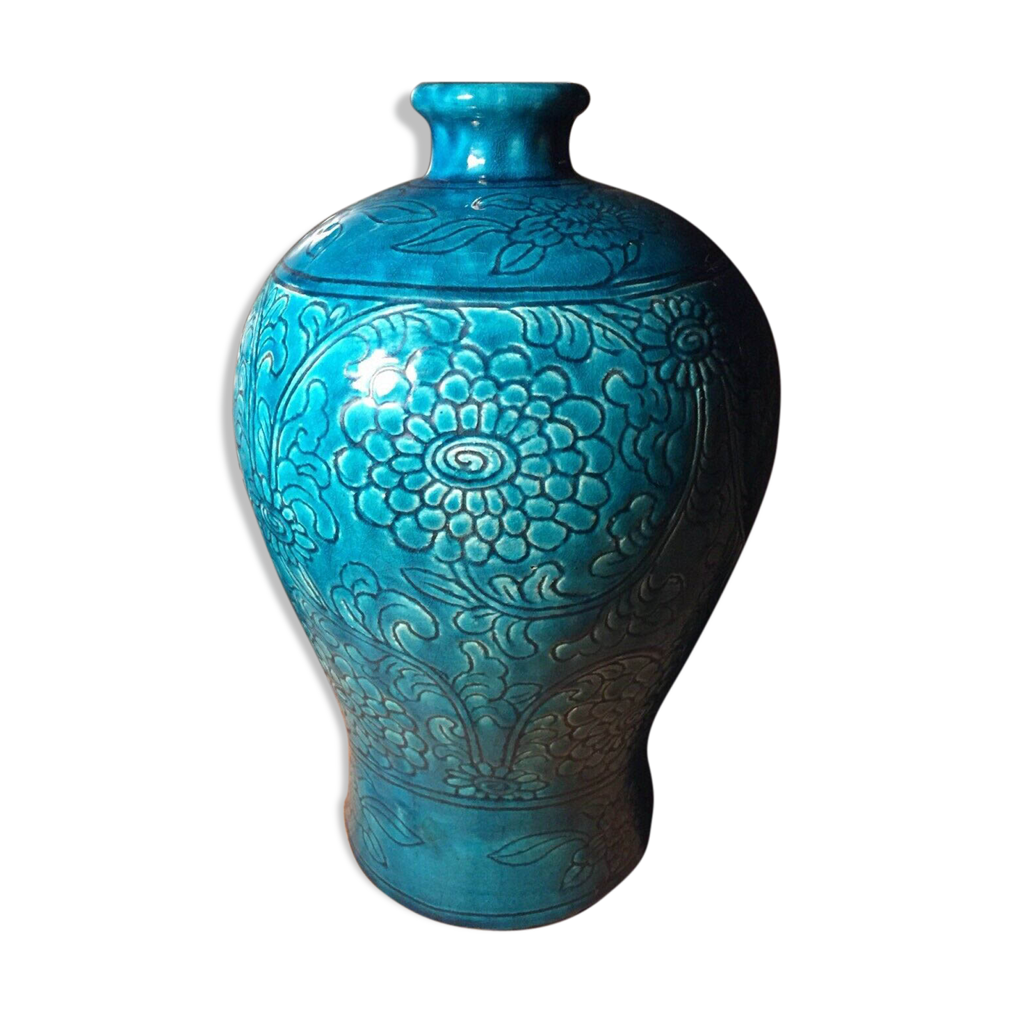Vase enamelled turquoise blue floral decoration