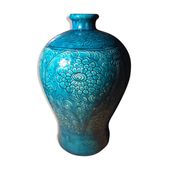 Vase grès émaillé bleu turquoise décor floral