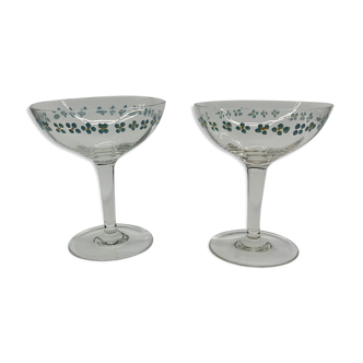 Paire de verres à champagne peints à la main années 1950