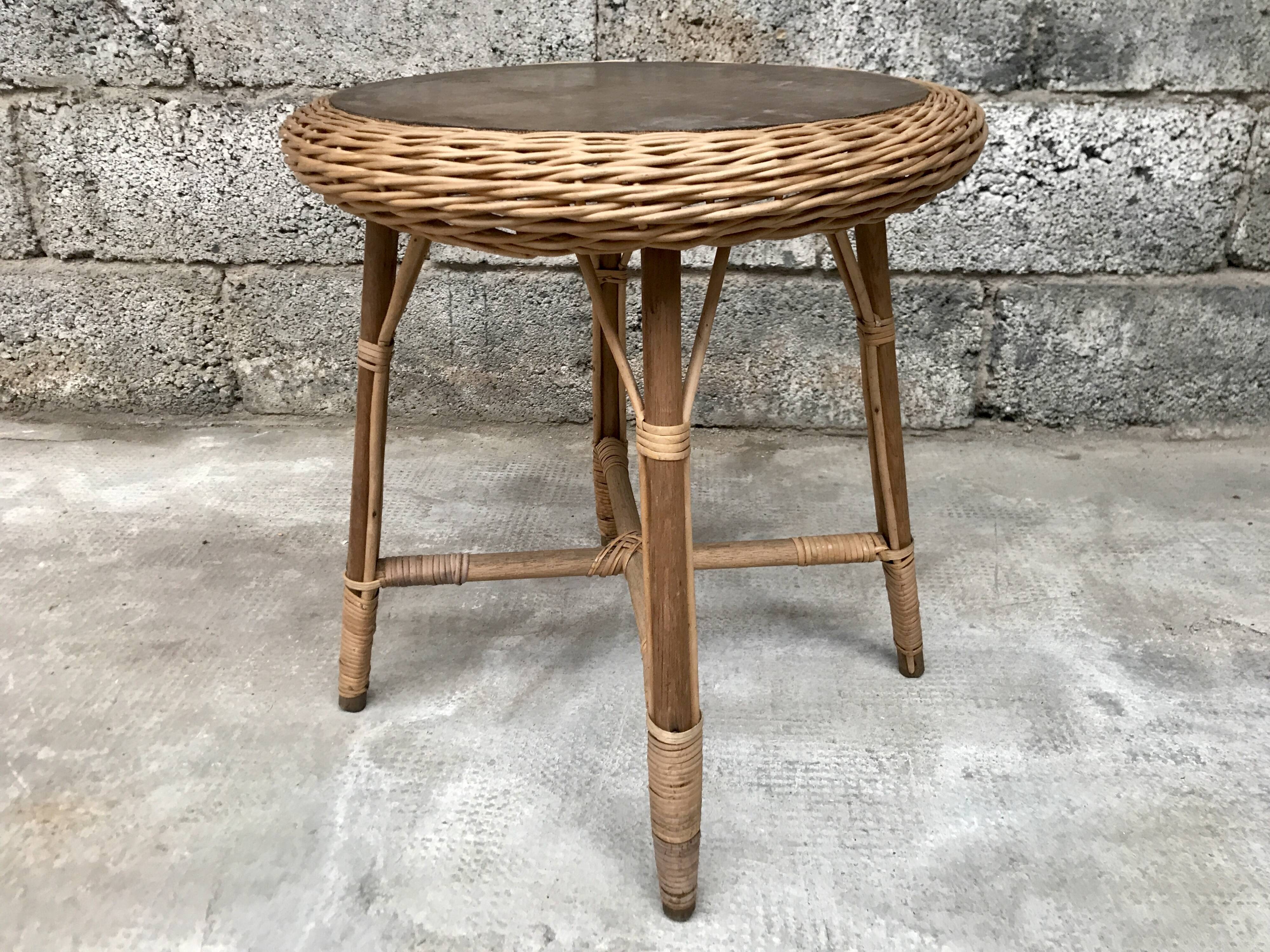 Vintage side table in bohemian old rattan wicker 1950
