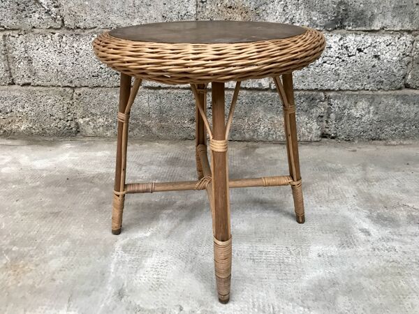Guéridon vintage en osier rotin ancien bohème 1950