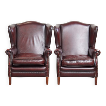 Set of 2  Cowhide Leather Wingback Chairs in English Style