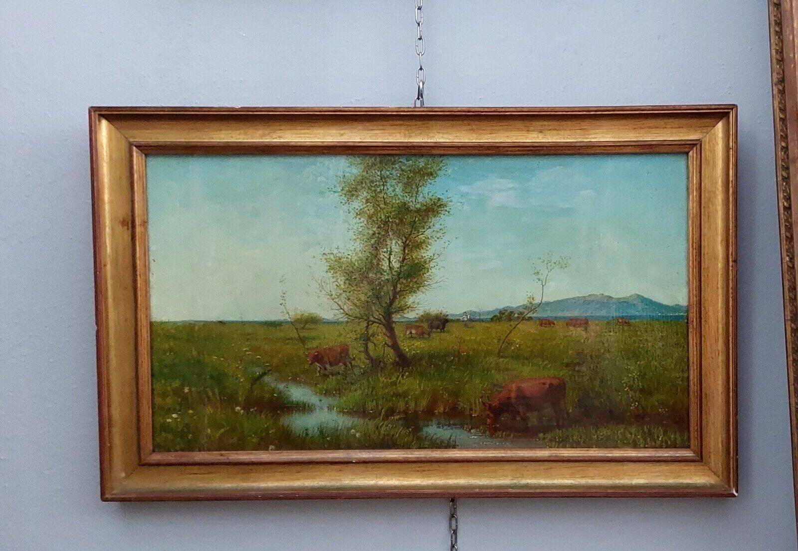 Antique oil painting on panel landscape figures cows - 19th century