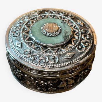 Boite ronde ancienne argent indochine, décor floral sculpté, poinçons, 40 gr