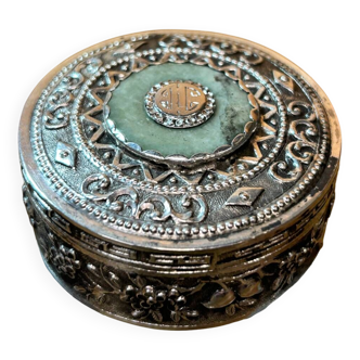 Old indochina silver round box, carved floral decoration, hallmarks, 40 gr