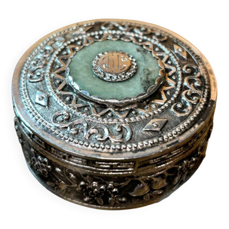 Boite ronde ancienne argent indochine, décor floral sculpté, poinçons, 40 gr