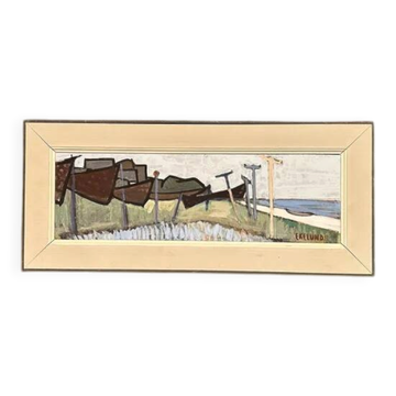 Original Swedish Oil on Panel - "Coastal Landscape with Stranded Boats" by Ivar Ekelund (1908–2002) - Vintage and Framed - 64 × 28 cm (25.2 in × 11 in)