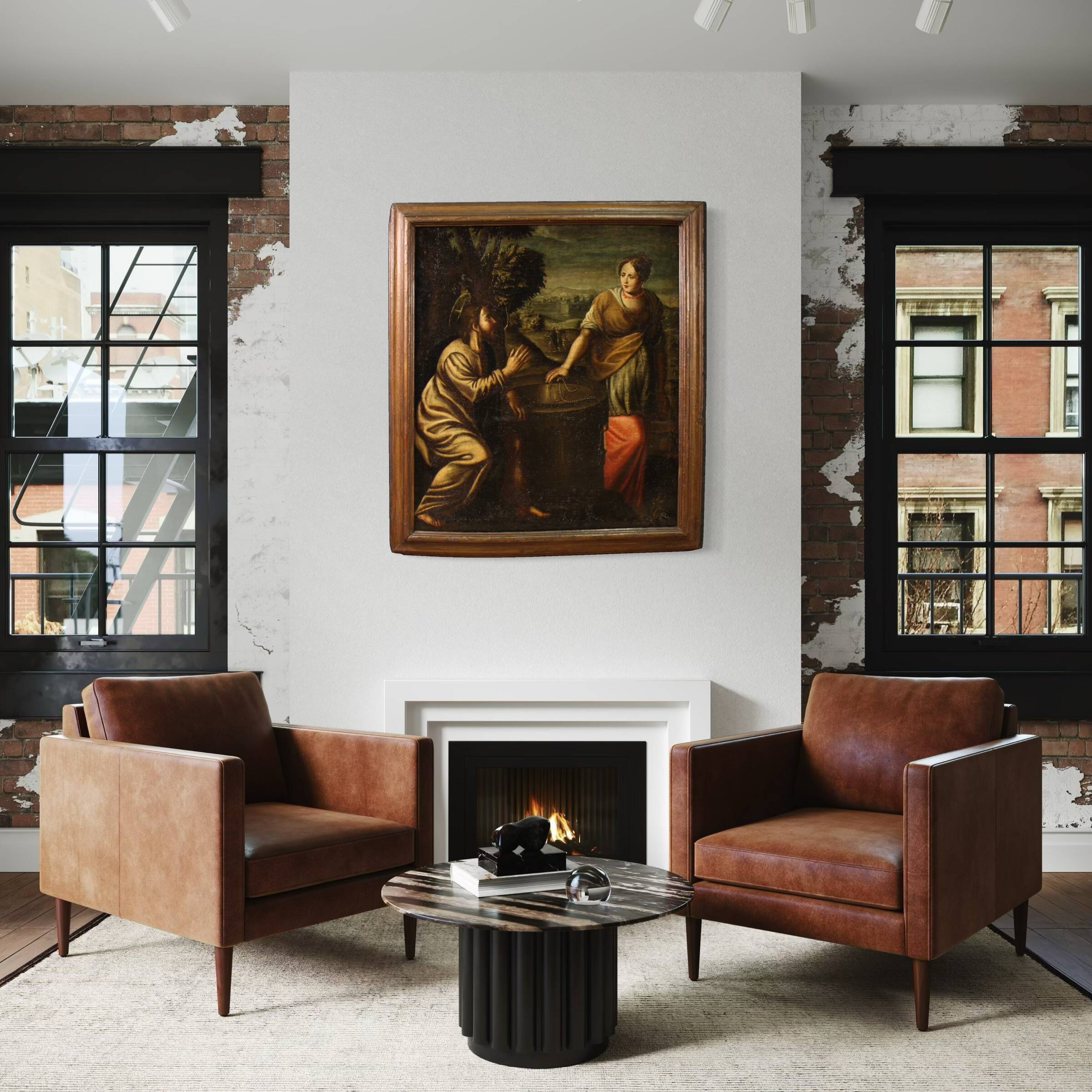 Peinture italienne antique Le Christ et la Samaritaine au puits