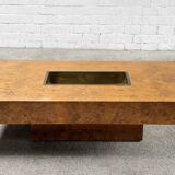 Table basse en bois de loupe avec bar en laiton par Jean Charles pour Maison Charles, 1970