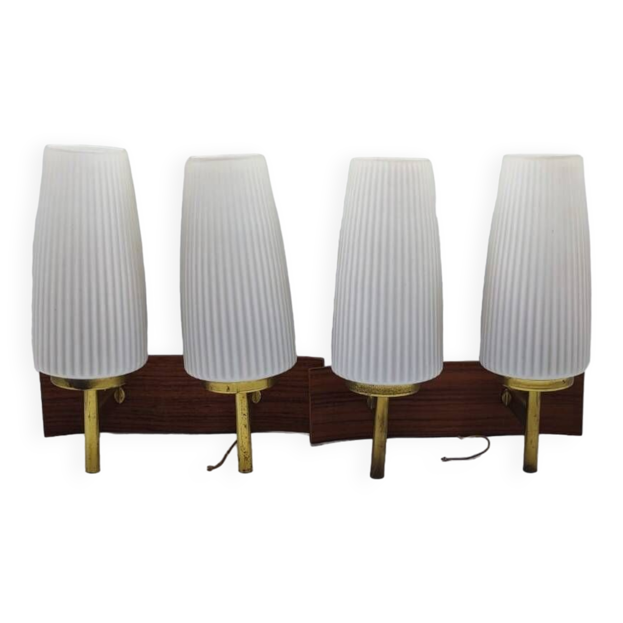 Duo of vintage wooden wall lights with white opaque glass lampshade.