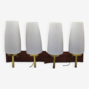 Duo of vintage wooden wall lights with white opaque glass lampshade.