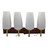 Duo of vintage wooden wall lights with white opaque glass lampshade.