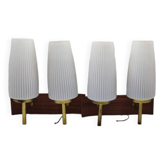 Duo of vintage wooden wall lights with white opaque glass lampshade.