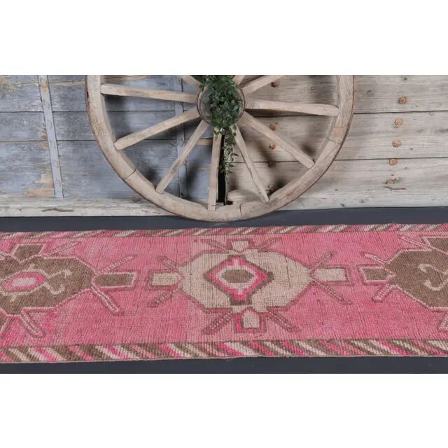 Vintage Turkish Oushak Handmade Wool Cotton Pink Runner Rug 90x303