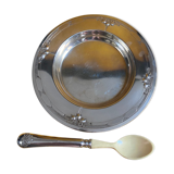 Porridge plate and spoon in silver metal