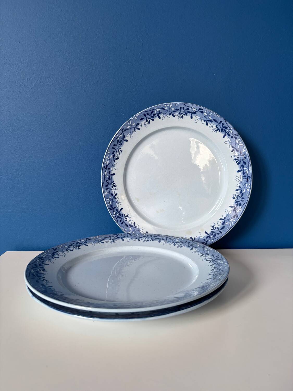 Set of 3 Sarreguemines mimosa blue vintage earthenware flat plates