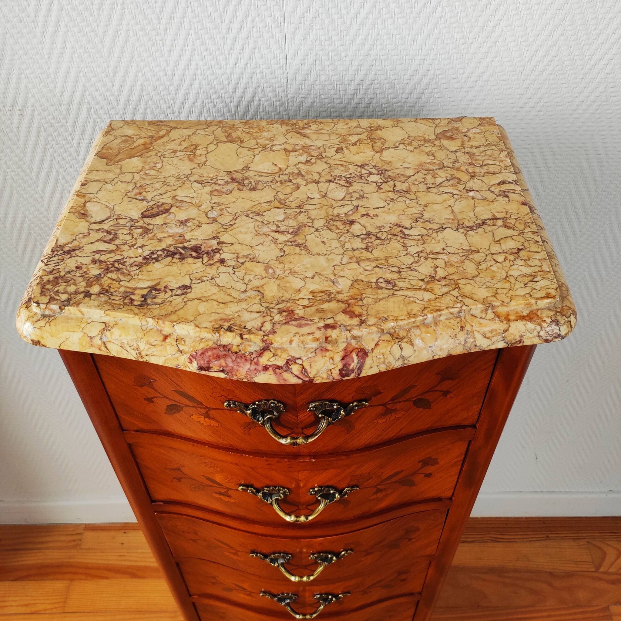 Curved chest of drawers in marquetry – marble top – Louis XV style