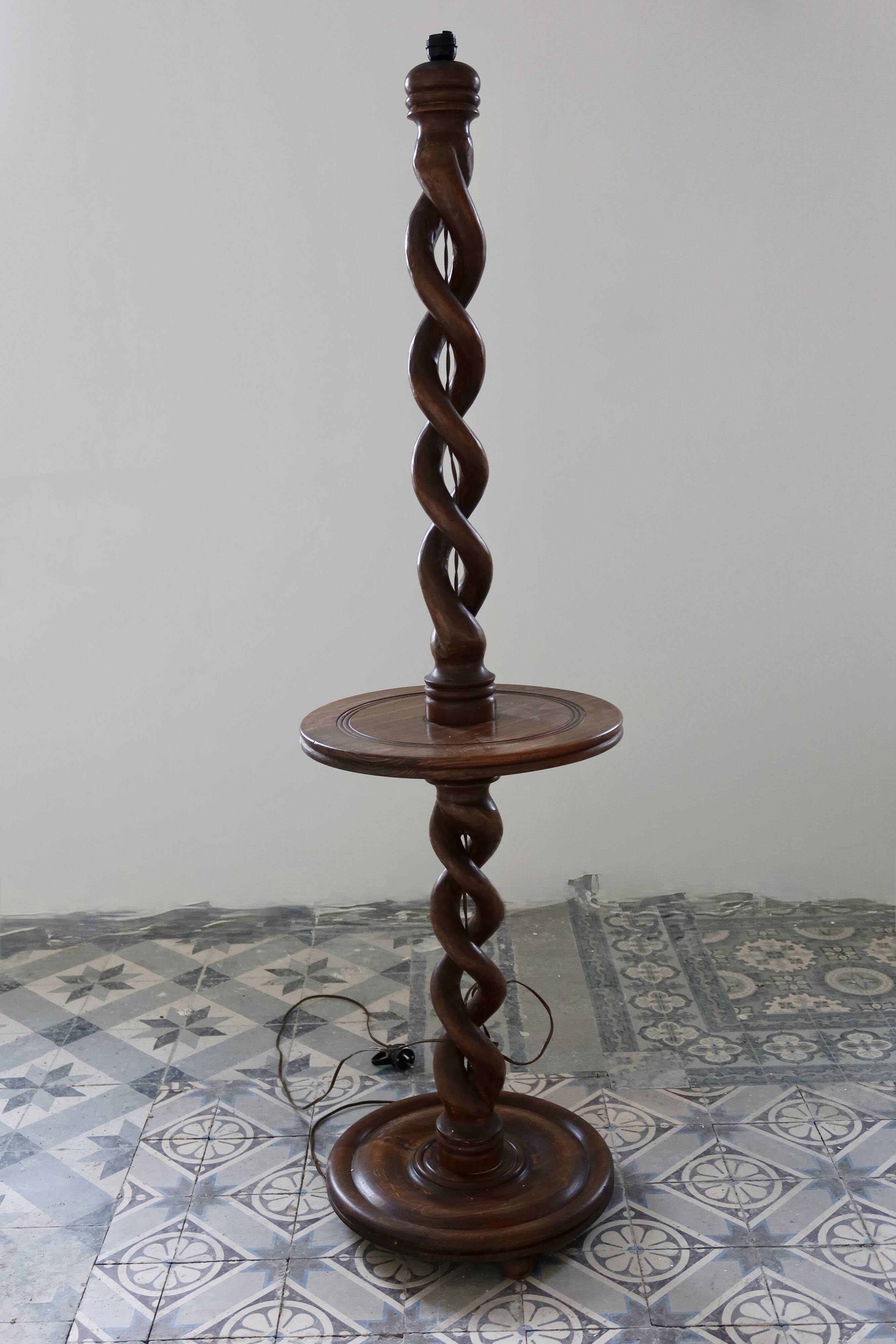 Vintage twisted turned wooden lamp base with shelf.