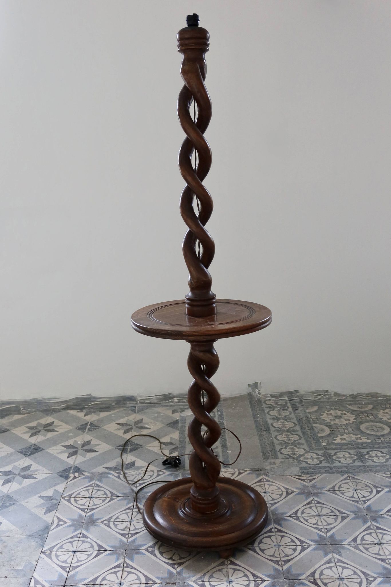 Vintage twisted turned wooden lamp base with shelf.