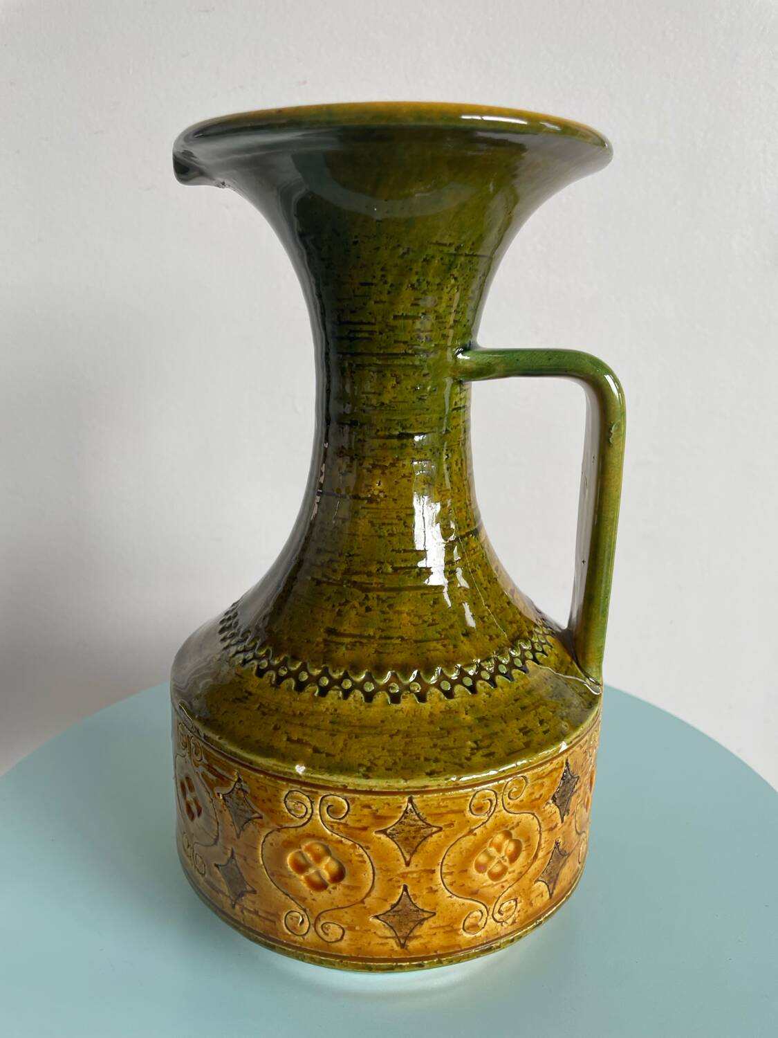 Green and yellow ceramic carafe bitossi italy 1950