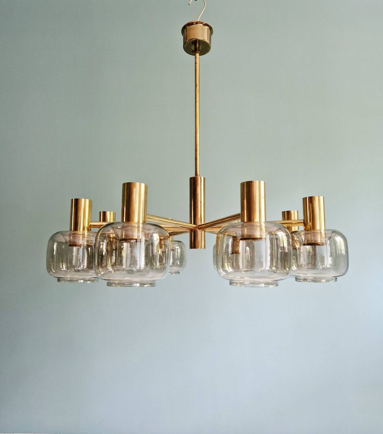 Large designer chandelier in brass and smoked glass globes, 1970s