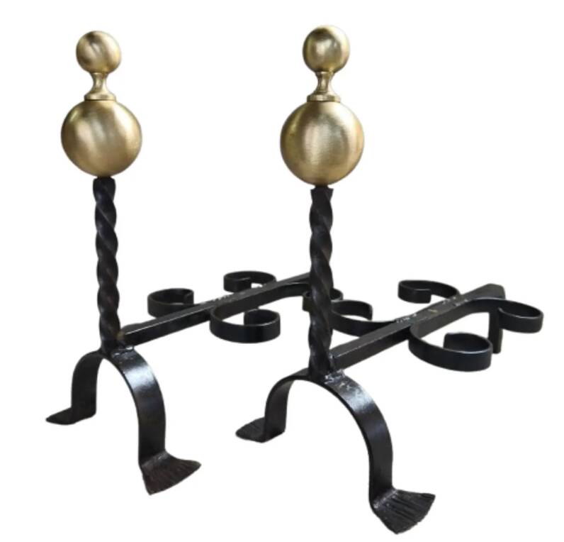 Pair of wrought iron candlesticks with cast bronze ball, 1970s.