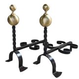Pair of wrought iron candlesticks with cast bronze ball, 1970s.