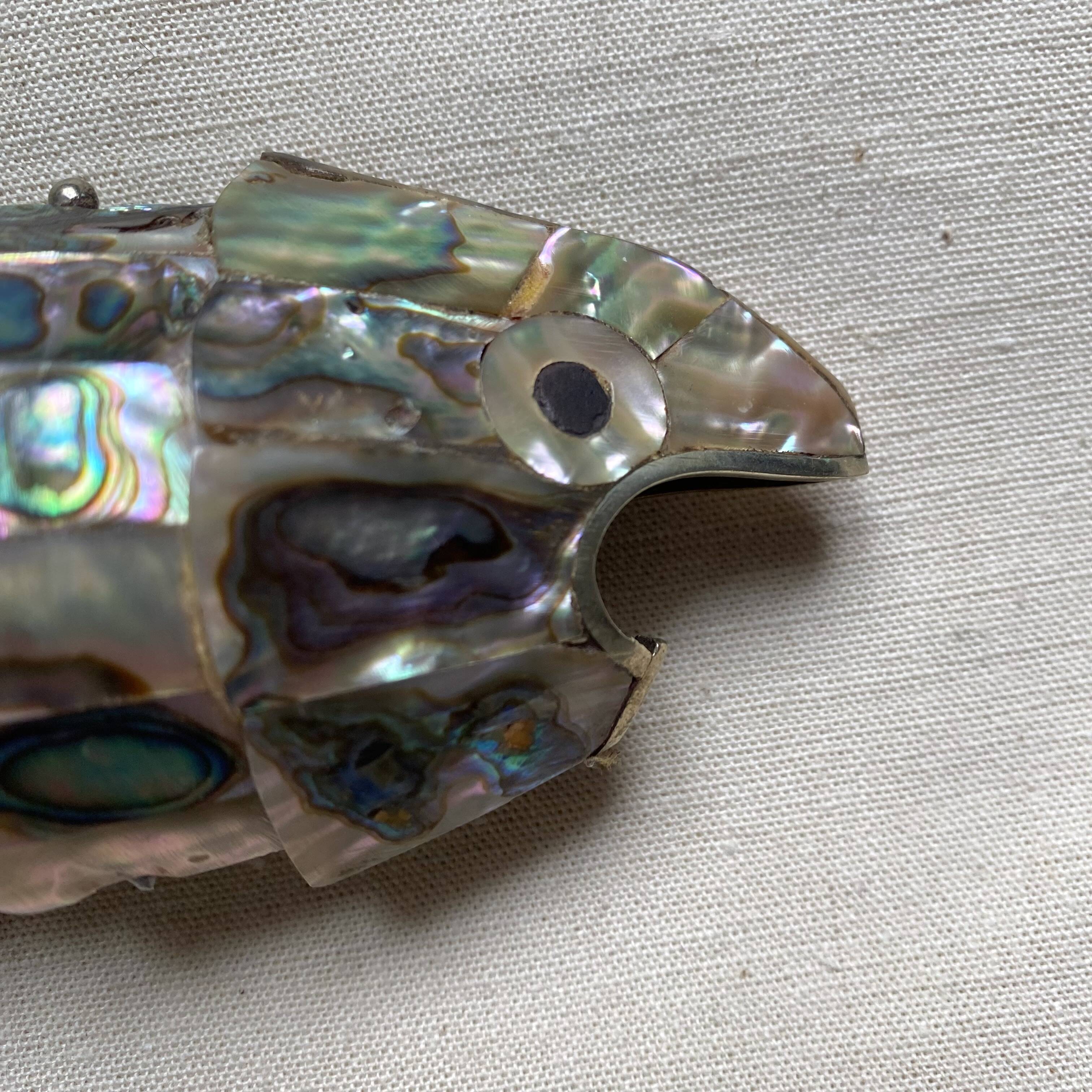 Fish-shaped bottle opener made of seashell and brass, 1970s