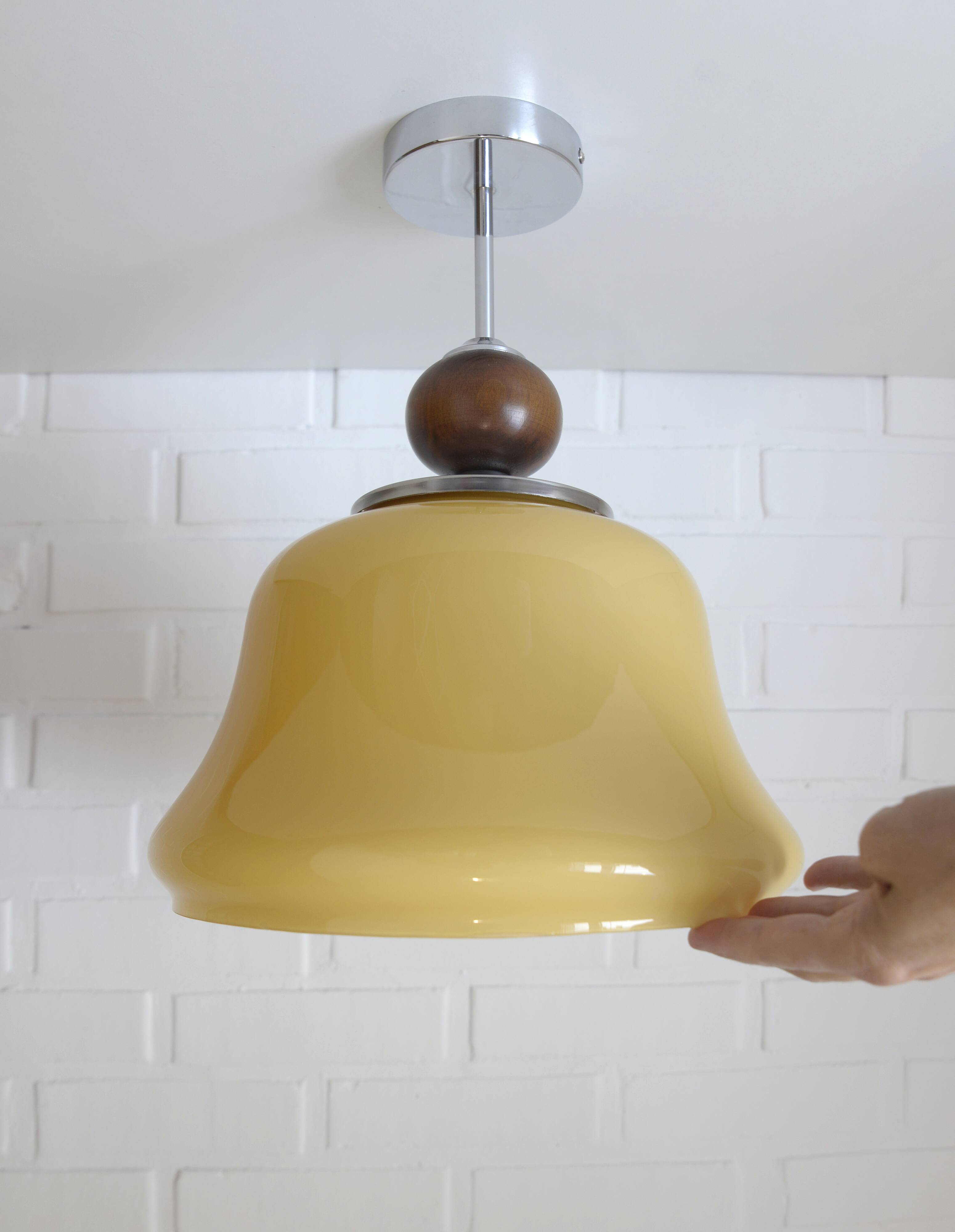 Vintage beige glass pendant lamp / semi flush mount / hanging light
