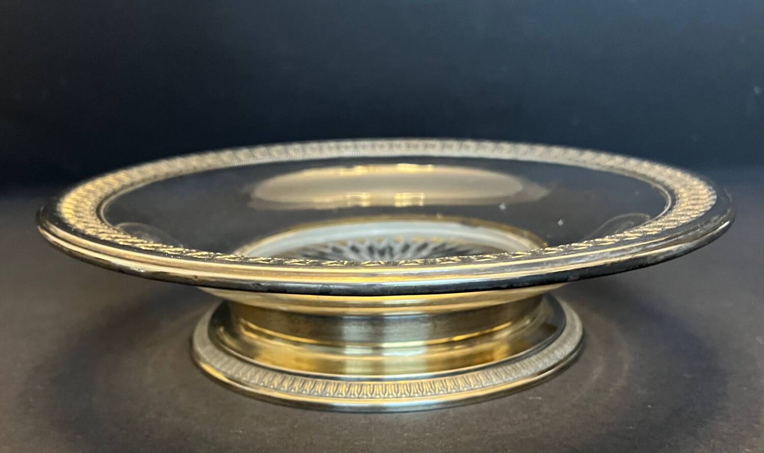 Cut glass and silver metal dish on pedestal