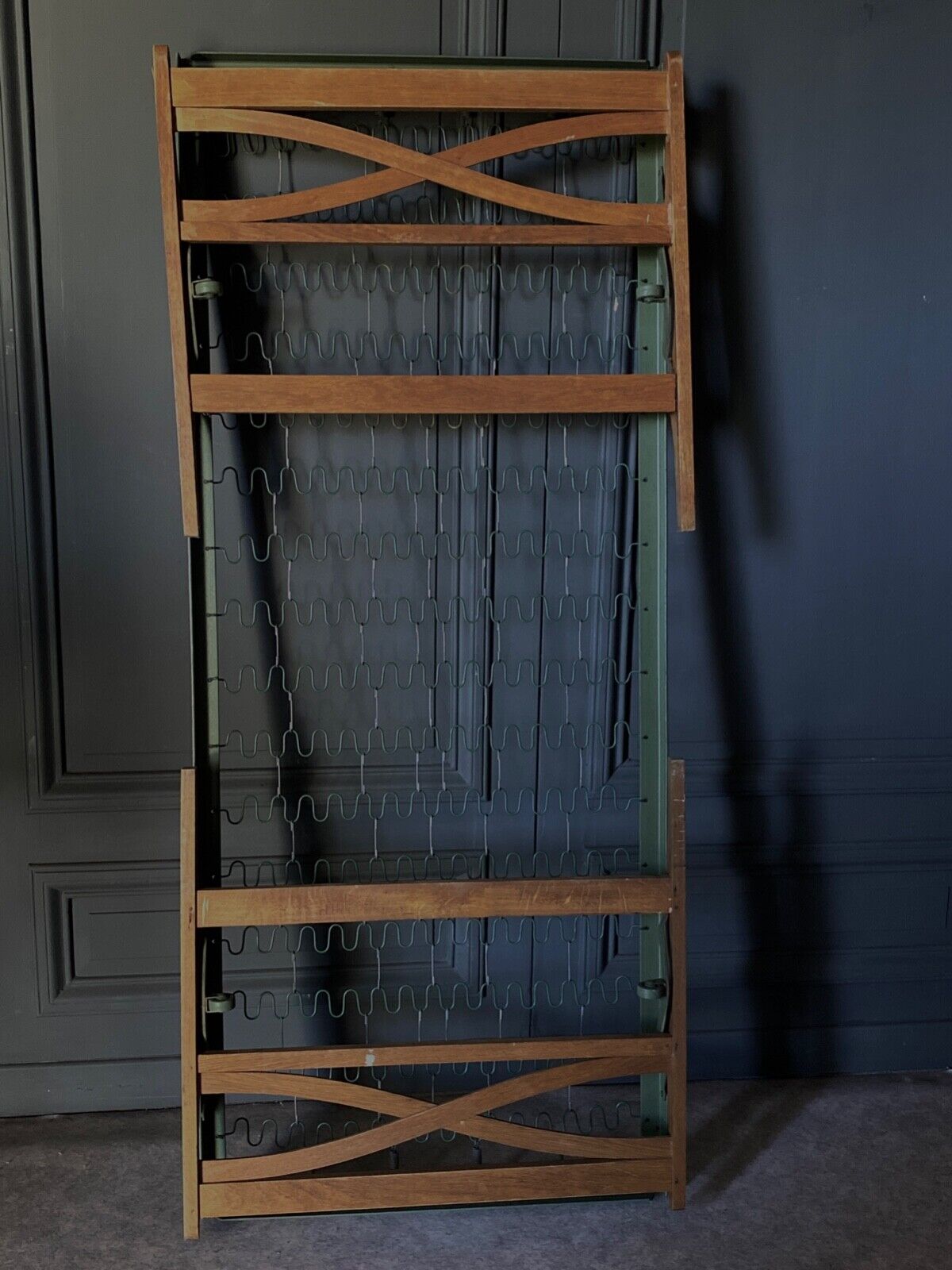 Bed with green metal braces 1960 a person foldable