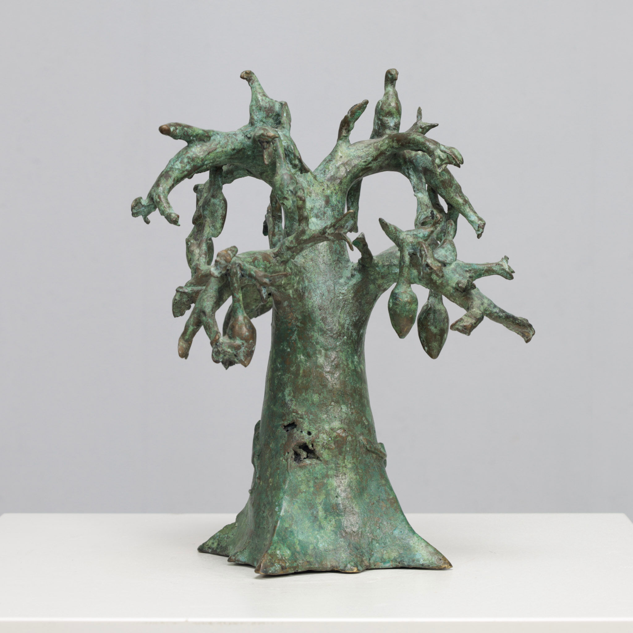 Patinated bronze baobab tree sculpture with birds, signed TM, 1980s