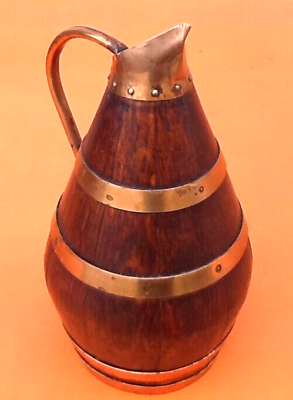 1940s Cider barrel pitcher Oak wood encircled with riveted copper