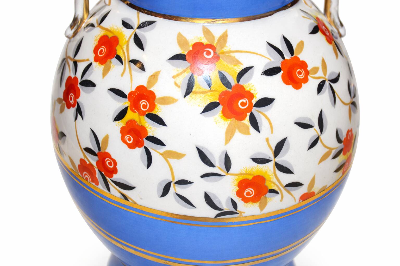 Art Deco round vase by Boch Frères Keramis, red flowers and blue bands.