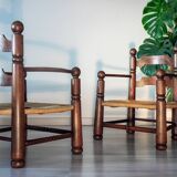 Oak and rush armchair, brutalist style, Charles Dudouyt, 1940s