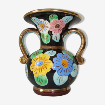 Ceramic Vase Cerdazur Monaco Patterns Flowers Multicolored and Gold