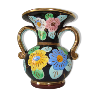 Vase Céramique Cerdazur Monaco Motifs Fleurs Multicolores et Or