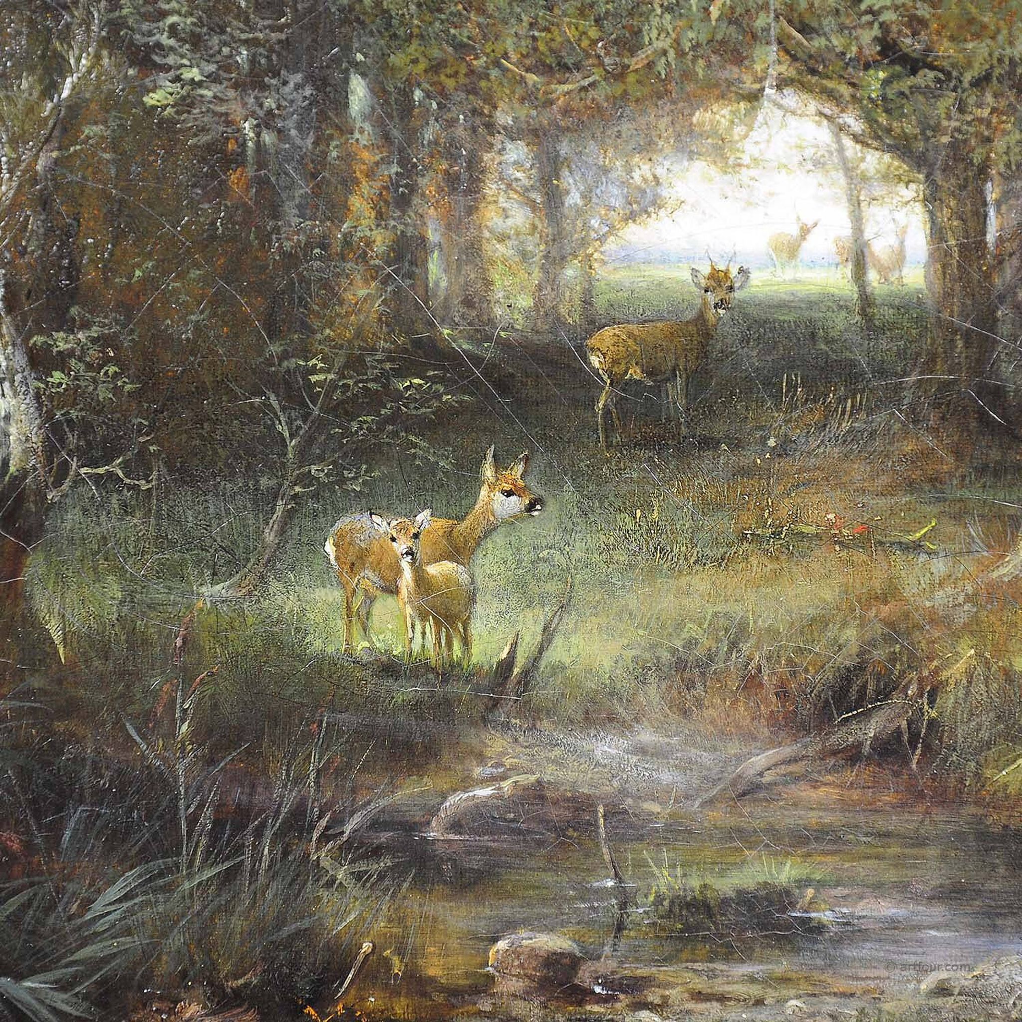 Ludwig Sellmayr - Stag with doe and fawn in the forest around 1880