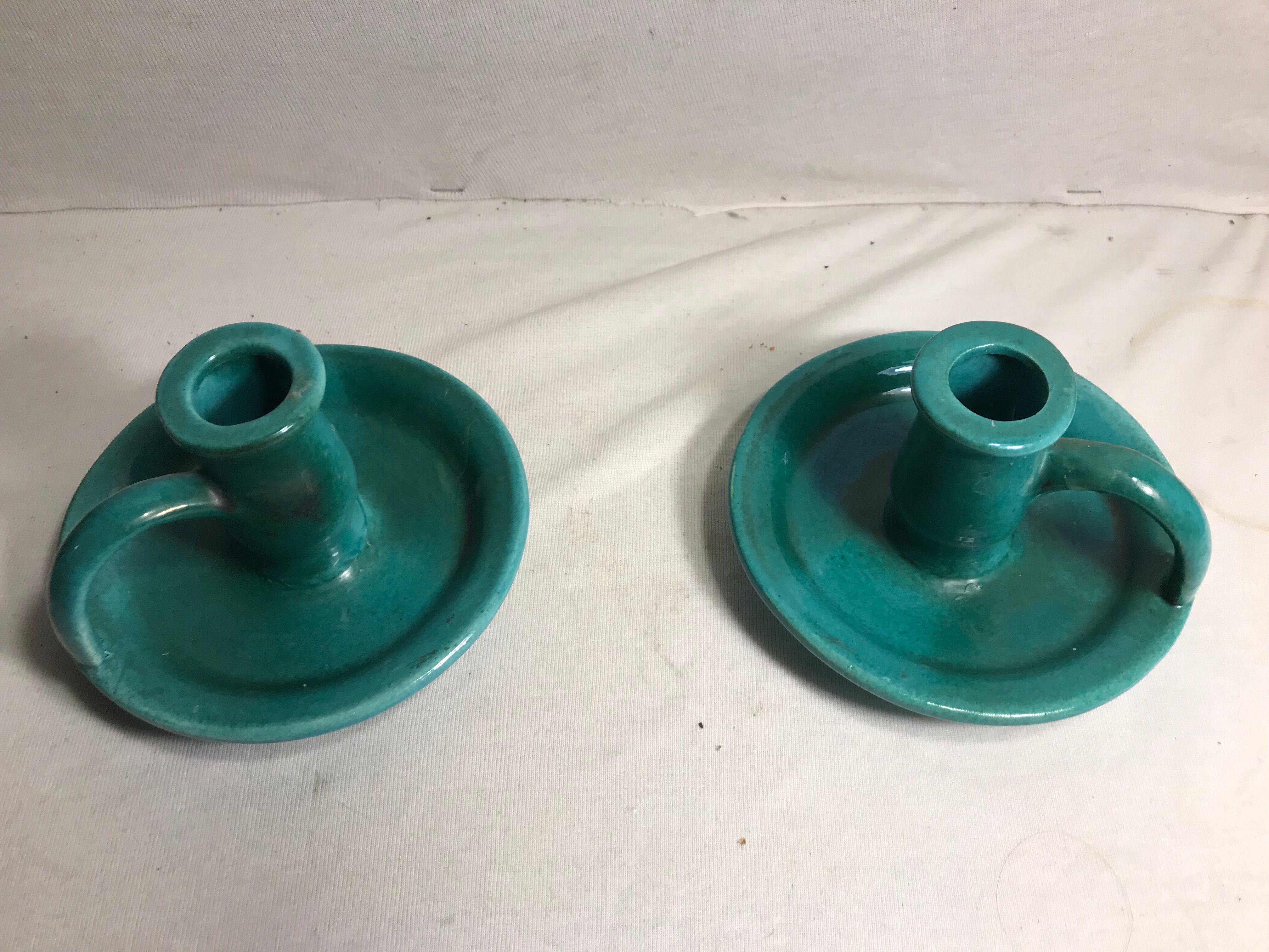 Old caves dieulefit green ceramic + cove vintage candlestick pair