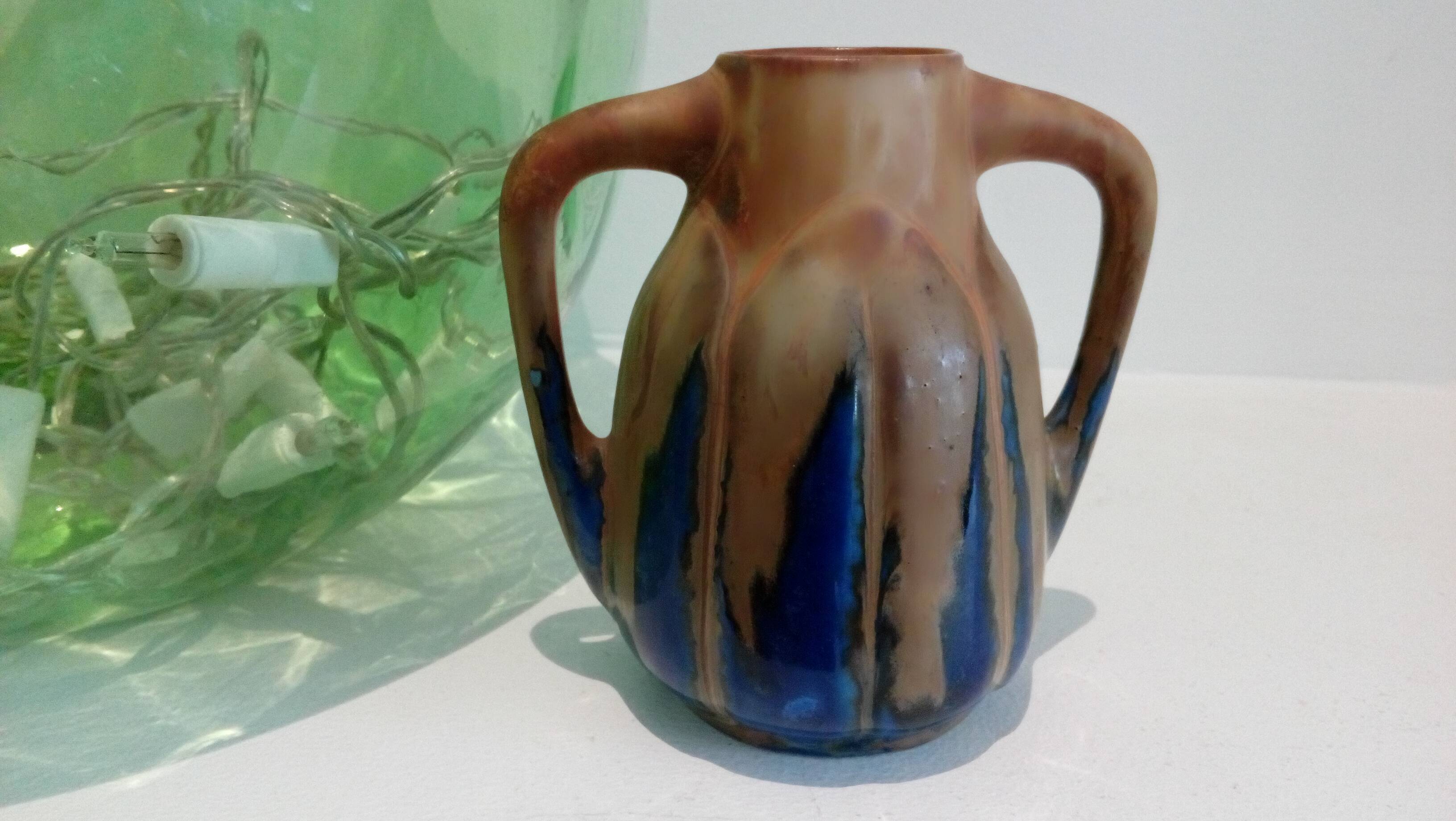 Blue enamelled flamed sandstone vase by Méténier