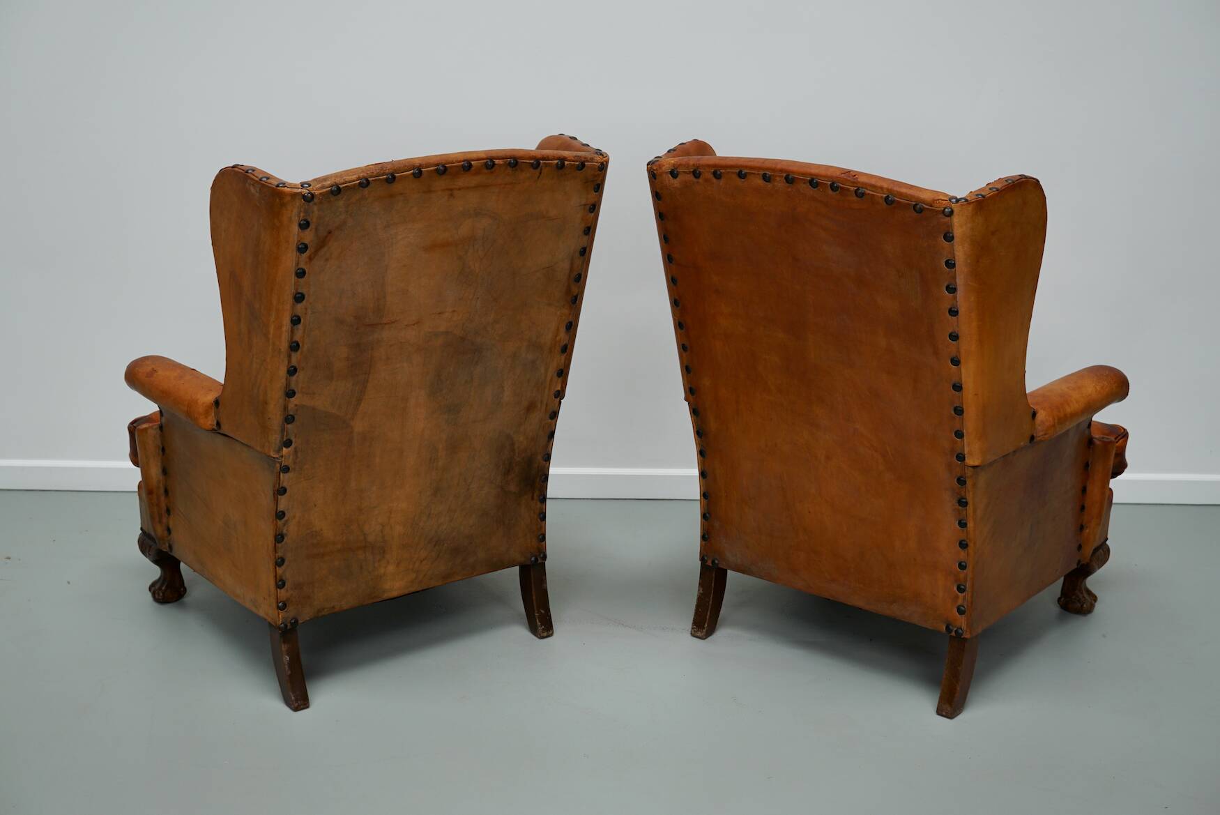 Old Patinated Dutch Cognac Colored Leather Club Chair, Set of 2