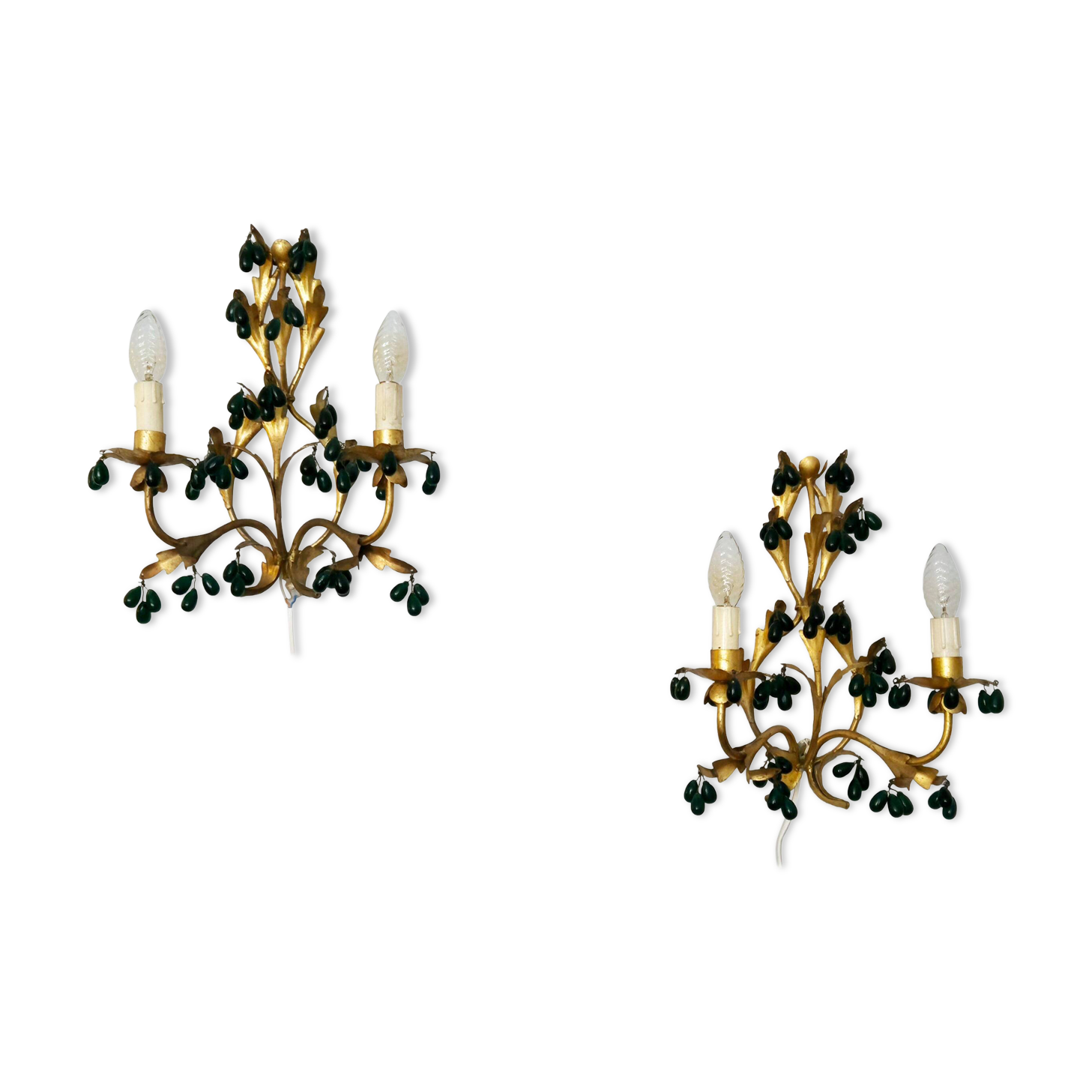 Lights, gold metal with green glass drops, Italy mid-1900s Regency.